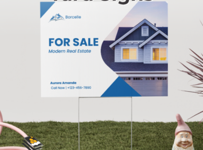 Yard sign printed on corrugated plastic with full color design mounted on metal H stake outdoors