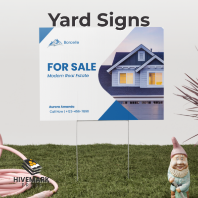 Yard sign printed on corrugated plastic with full color design mounted on metal H stake outdoors